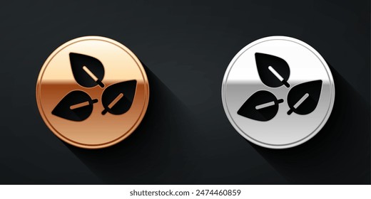 Gold and silver Tea leaf icon isolated on black background. Tea leaves. Long shadow style. Vector