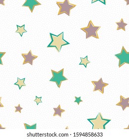 Gold, silver, teal and dusky pink line art stars with offset color Seamless vector pattern white snowflake texture background. Great for Christmas, winter products, stationery, invitations, party