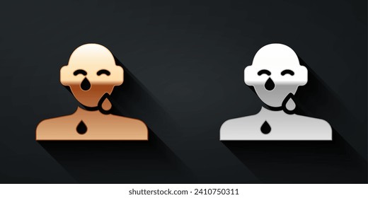 Gold and silver Tear cry eye icon isolated on black background. Long shadow style. Vector