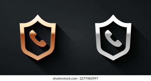 Gold and silver Telephone 24 hours support icon isolated on black background. All-day customer support call-center. Full time call services. Long shadow style. Vector