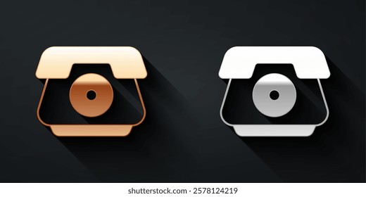 Gold and silver Telephone handset icon isolated on black background. Phone sign. Long shadow style. Vector