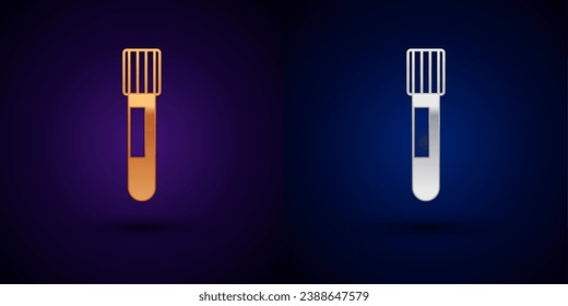 Gold and silver Test tube and flask chemical laboratory test icon isolated on black background. Laboratory glassware sign.  Vector