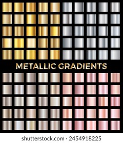 Gold and silver texture gradient background big vector set. Metallic design for frames, banners and labels. Realistic abstract rose golden and steel pattern. Elegant light and shiny metal template.