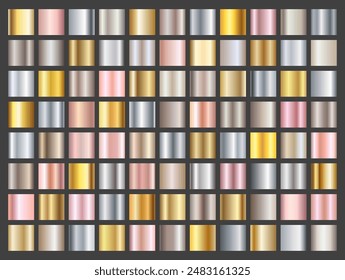 Gold and silver texture gradient background big vector set. Metallic design for frames, banners and labels. Realistic abstract rose golden and steel pattern. Elegant light and shiny metal template.