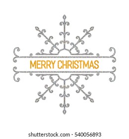 Gold and silver texture inscription Merry Christmas in retro border. Vintage design element for label, frame, badge, logo for festive banner, invitation, postcard, card, vignette. Vector illustration.