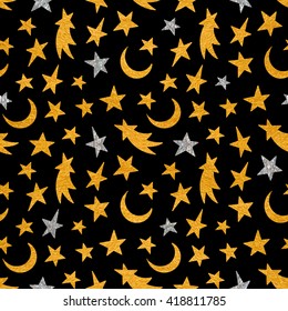 Gold and silver textured cosmic seamless pattern of the star, moon and comet on black background. Design element for background, textile, paper packaging, wrapping paper and other. Vector illustration