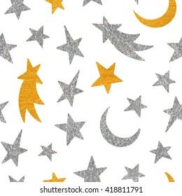 Gold And Silver Textured Cosmic Seamless Pattern Of The Star, Moon And Comet On White Background. Design Element For Background, Textile, Paper Packaging, Wrapping Paper And Other. Vector Illustration