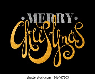 Gold and silver textured handwritten calligraphic inscription Merry Christmas with dots. Design element for banner, card, invitation, label, postcard, template, vignette etc. Vector illustration.