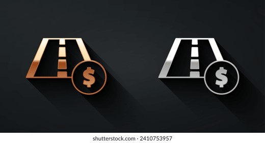 Gold and silver Toll road traffic sign. Signpost icon isolated on black background. Pointer symbol. Street information sign. Direction sign. Long shadow style. Vector