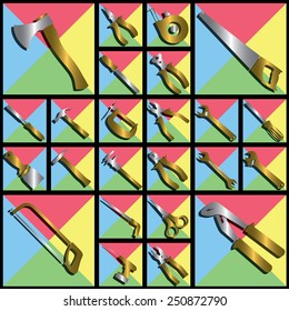 gold and silver tools icons in color square