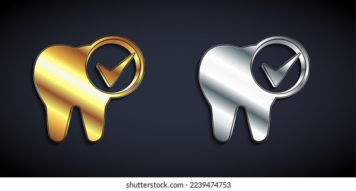 Gold and silver Tooth icon isolated on black background. Tooth symbol for dentistry clinic or dentist medical center and toothpaste package. Long shadow style. Vector