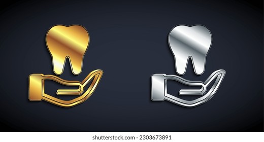 Icono del diente dorado y plateado aislado en fondo negro. Símbolo dental para clínica odontológica o centro médico odontológico y paquete de pasta dental. Estilo de sombra larga. Vector