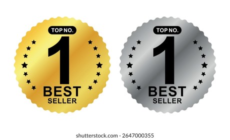 Ouro e prata top no.1 distintivos de best-seller com borda estrela e texto em negrito para etiquetas de classificação de produtos	

