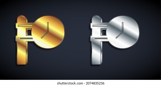 Gold and silver Train station clock icon isolated on black background. Long shadow style. Vector