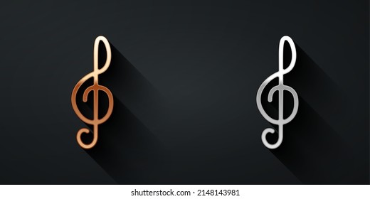 Gold and silver Treble clef icon isolated on black background. Long shadow style. Vector