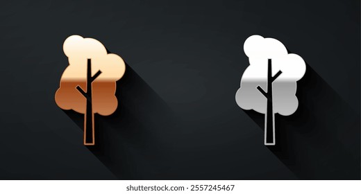 Gold and silver Tree icon isolated on black background. Forest symbol. Long shadow style. Vector