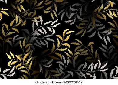 Gold Silber Baum Blätter Vektor nahtlose Muster Sommer Mode Kleid Premium Textil Print Design. Baumzweige, Zweige mit Blättern endlose florale Ornamente.