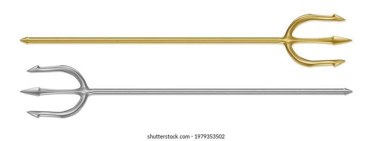 Gold, silver trident, devil pitchfork isolated on white background. Vector realistic set of mythology weapon of greek god Poseidon, Triton or Neptune. Demon tridental spear