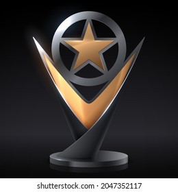 Gold And Silver Trophy With Star Shape On Black Background