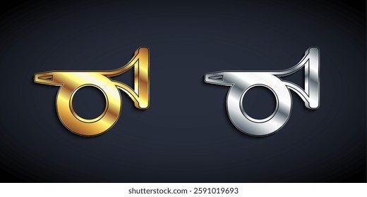 Gold and silver Trumpet icon isolated on black background. Musical instrument. Long shadow style. Vector