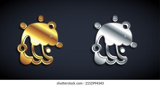 Gold And Silver Tsunami Icon Isolated On Black Background. Flood Disaster. Stormy Weather By Seaside, Ocean Or Sea Wave Or Tsunami. Long Shadow Style. Vector