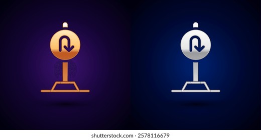 Gold and silver Turn back road icon isolated on black background. Traffic rules and safe driving.  Vector