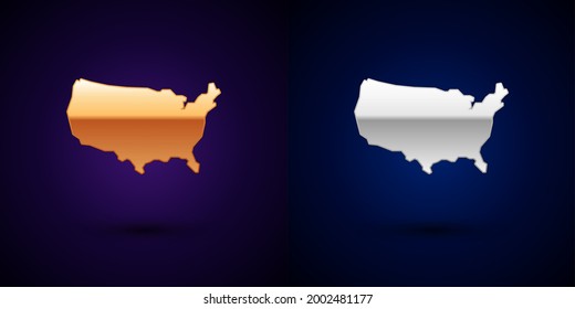 Gold and silver USA map icon isolated on black background. Map of the United States of America.  Vector
