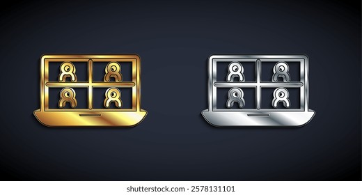 Gold and silver Video chat conference icon isolated on black background. Online meeting work form home. Remote project management. Long shadow style. Vector