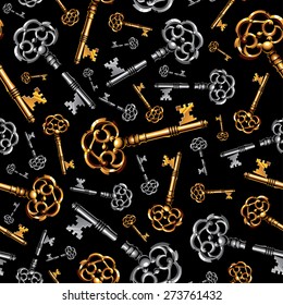 Gold and silver vintage keys on black background seamless pattern. RGB EPS 10 vector illustration