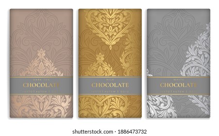 Gold and silver vintage set of chocolate bar packaging design. Vector luxury template with ornament elements. Can be used for background and wallpaper. Great for food and drink package types.