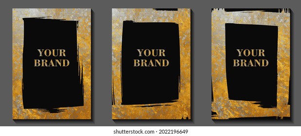 Gold and silver vintage texture. Set of grunge luxury card template for business or poster or greeting. Frame with paint brush strokes. Black background. Modern wedding invitation design. Grey, orange