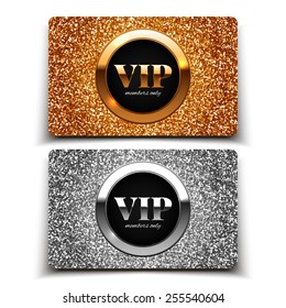 Gold and silver VIP cards with glitter, gift, voucher, certificate, vector illustration
