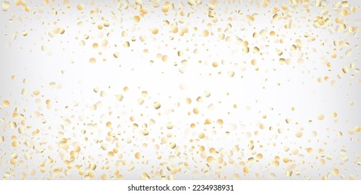 Gold, Silver VIP Flying Bokeh Confetti. Sparkling Premium New Year Christmas Celebration Vector Background. Rich Gold, Silver Lights, Sparkles, Gradient Tinsel Confetti. Sparkling Winter Texture.