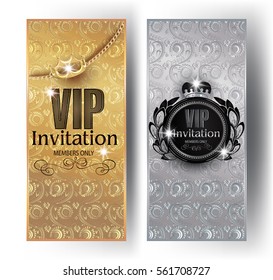 Gold and silver VIP invitation cards with floral design background, crowns and vintage frames. Vector illustration