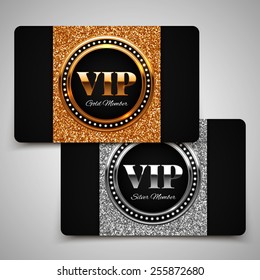 Gold and silver VIP premium member cards with glitter, gift, voucher, certificate, vector illustration