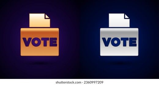 Gold and silver Vote box or ballot box with envelope icon isolated on black background.  Vector