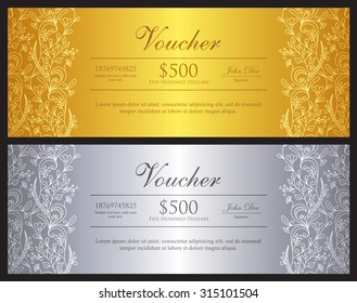 Gold and silver voucher with ornamental floral pattern