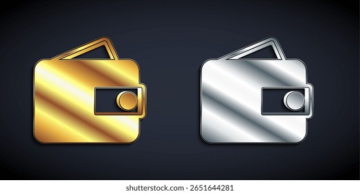 Ícone de ouro e prata da carteira isolado no fundo preto. Ícone de bolsa. Símbolo de economia de caixa. Estilo de sombra longa. Vetor