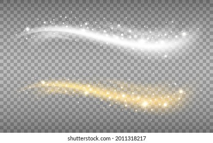 Gold and silver waves with particles. Luxury elements with glitter. Glowing light effect on transparent background for poster or brochure. Vector illustration.