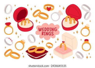 Gold and silver wedding rings, elegant jewelry for marriage, surprise jewel gift for engagement isolated set on white. Traditional ceremony expensive accessories with gemstone vector illustration