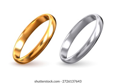 Gold and silver wedding rings isolated on white. Classic jewelry symbols of love, marriage, engagement, and commitment. Vector illustration.