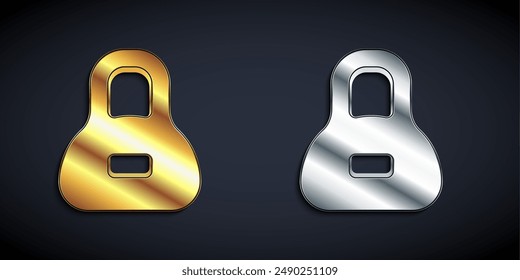 Icono de oro y plata Peso aislado sobre fondo negro. Bloque de peso de kilogramos para levantamiento de pesas y báscula. Símbolo de masa. Estilo de sombra larga. Vector