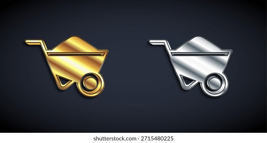 Icono de la carretilla del oro y de la plata aislado en fondo negro. Equipo de herramientas. Agricultura granja de ruedas de Carrito. Estilo de sombra larga. Vector