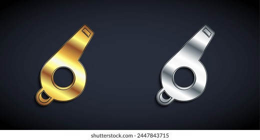 Gold and silver Whistle icon isolated on black background. Referee symbol. Fitness and sport sign. Long shadow style. Vector