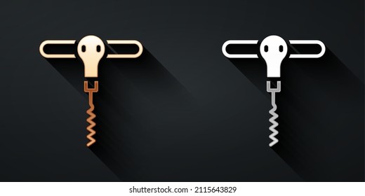 Icono de corcadero de vino dorado y plata aislado en fondo negro. Estilo de sombra larga. Vector