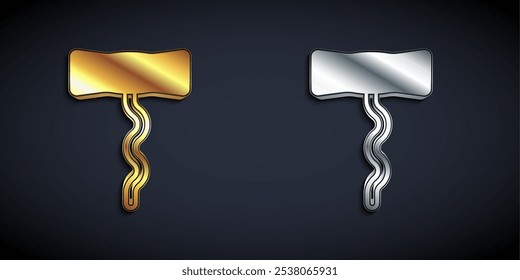 Icono de sacacorchos de vino de oro y plata aislado sobre fondo negro. Estilo de sombra larga. Vector