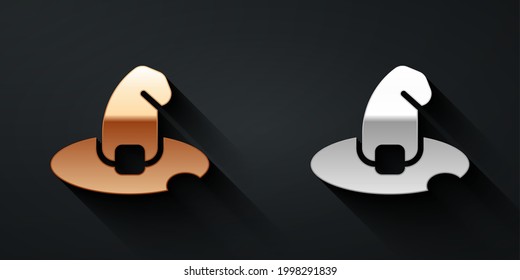 Gold and silver Witch hat icon isolated on black background. Happy Halloween party. Long shadow style. Vector