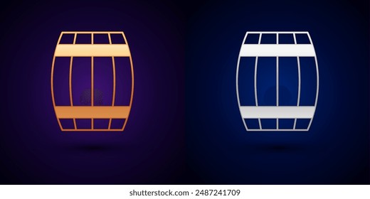 Gold and silver Wooden barrel icon isolated on black background. Alcohol barrel, drink container, wooden keg for beer, whiskey, wine.  Vector