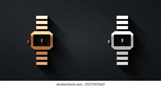 Gold and silver Wrist watch icon isolated on black background. Wristwatch icon. Long shadow style. Vector