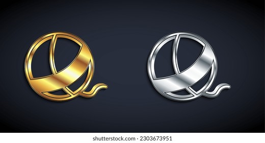 Gold and silver Yarn ball icon isolated on black background. Label for hand made, knitting or tailor shop. Long shadow style. Vector